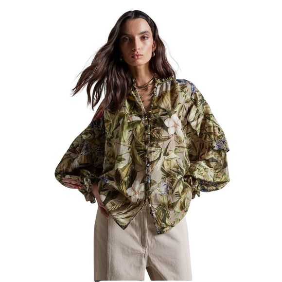 Los Angeles Atelier & Other Stories Voluminous Frilled Blouse Large Linen - Picture 1 of 9
